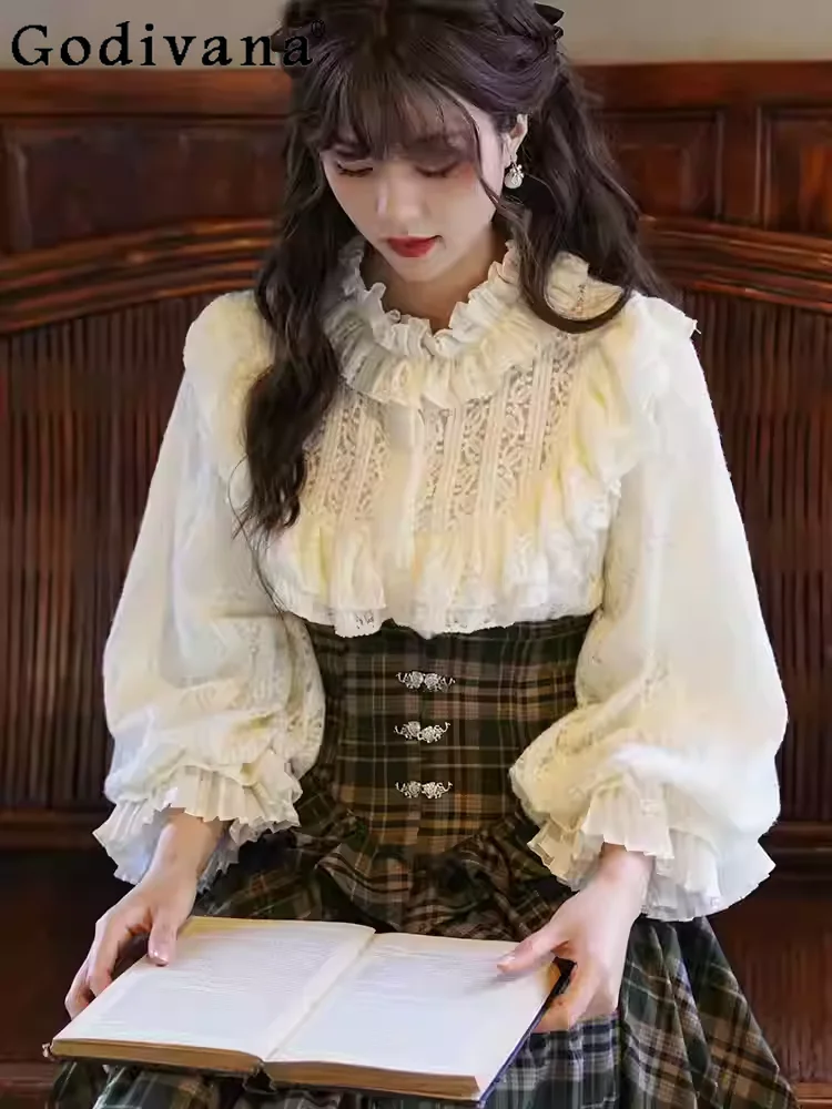 

Spring Autumn New French Retro Court Thickened Lace Lantern Sleeve Shirt Elegant Stand-Up Collar Light Apricot Loose Shirts