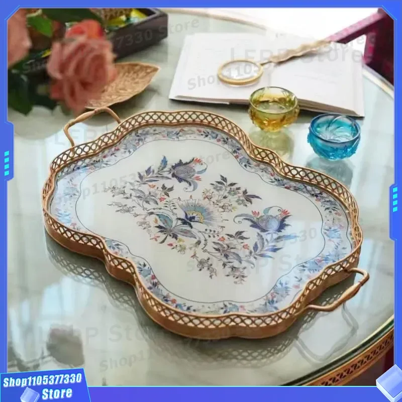 Luxury European Brass Tea Tray with Crystal Porcelain Painting for Living Room Coffee Table Dining Table Snack Fruit