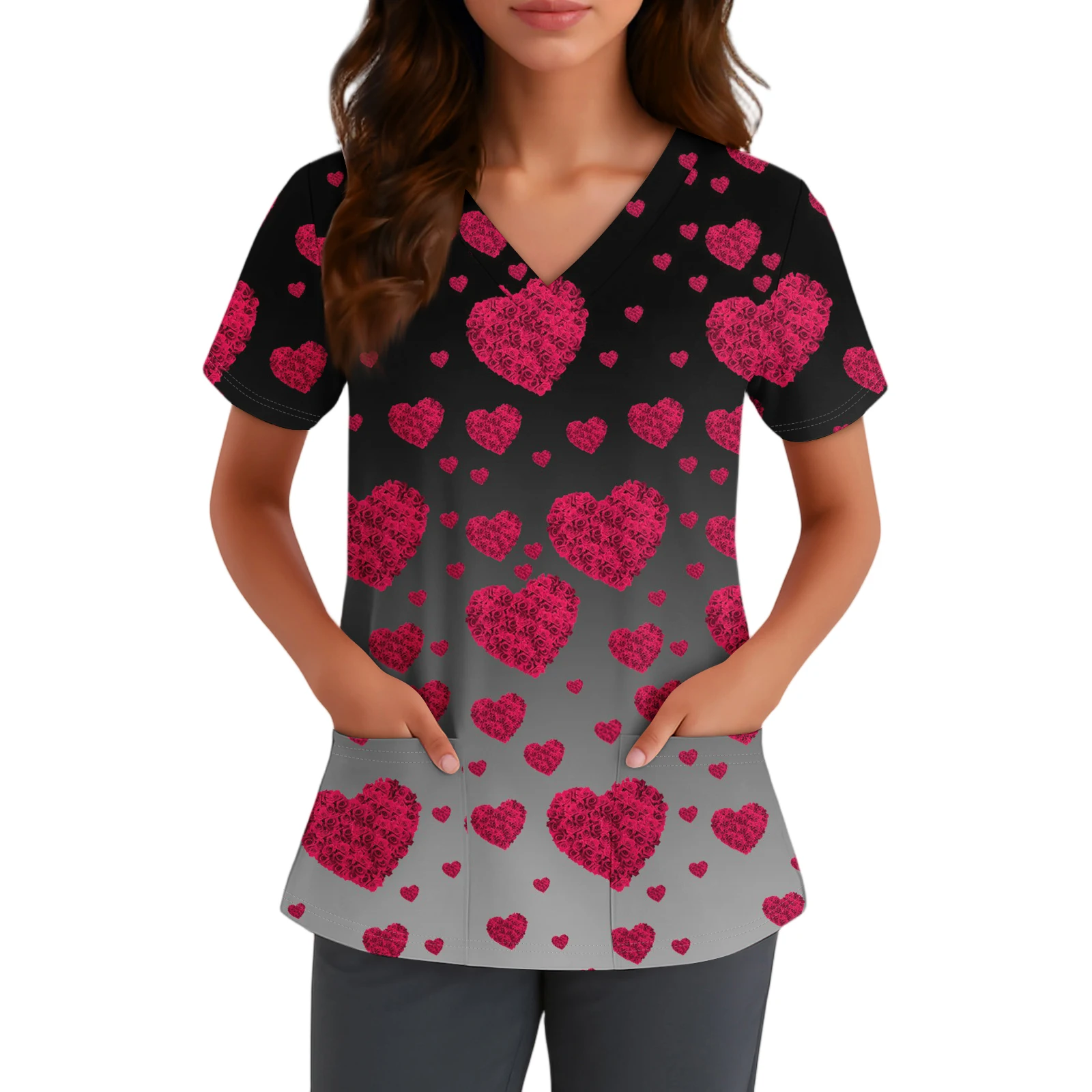 

Women'S Black Valentine'S Rose Heart V-Neck Top Short-Sleeve Pocket Blouse Adult Daily Casual 2026 Trendy Nurse Uniforms Traje