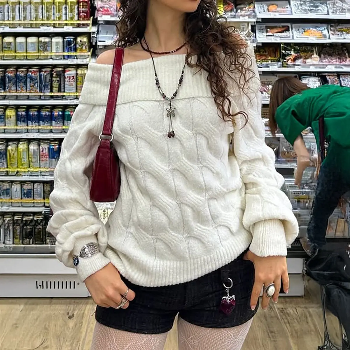 2025 Autumn/Winter Simple and Fashionable Off-the-Shoulder Long-Sleeved Sweater