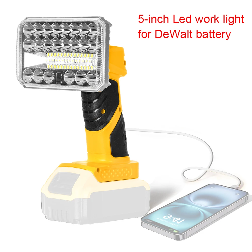 18wコードレス2000lm-led懐中電灯（dewalt-20vバッテリー対応）、5インチアルミ合金製ポータブル作業灯（usbポート付き、キャンプ用）