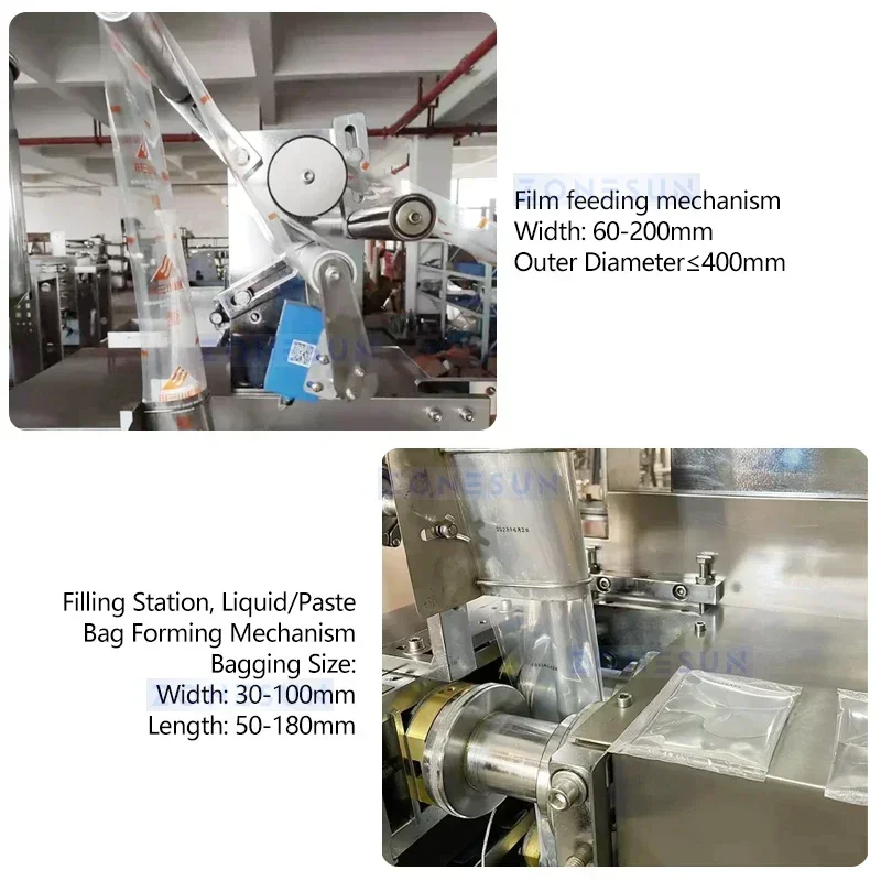ZONESUN Automatische Beutel-Mockup-Verpackungsmaschine VFFS Bagger Sauce Beutelbeutel Paste Füll- und Verschließausrüstung ZS-LX120