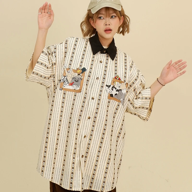 Hawaiian Shirt Harajuku Cartoon Embroidery Pattern Summer vintage Stripe Shirts Hip Hop Casual Loose Short Sleeve Button Blouse