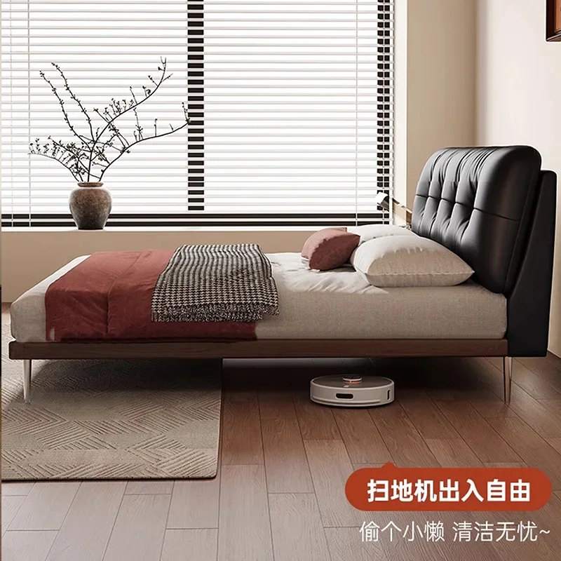 Massief houten retro eenvoudig leren bed