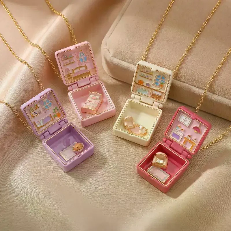 Opening And Closing Square Pendant Necklace New Bedroom Girl's Kitchen Miniature Cabin Scene Necklace Colorful Bow Necklace