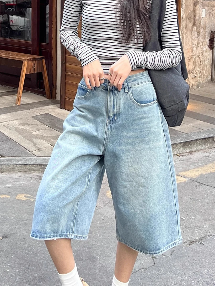 

Modern Loose Wide Leg Seven-Foot Jeans Slimming Retro Trendy High Waist Korean Sle Denim Blue Color Ladies Faion Autumn