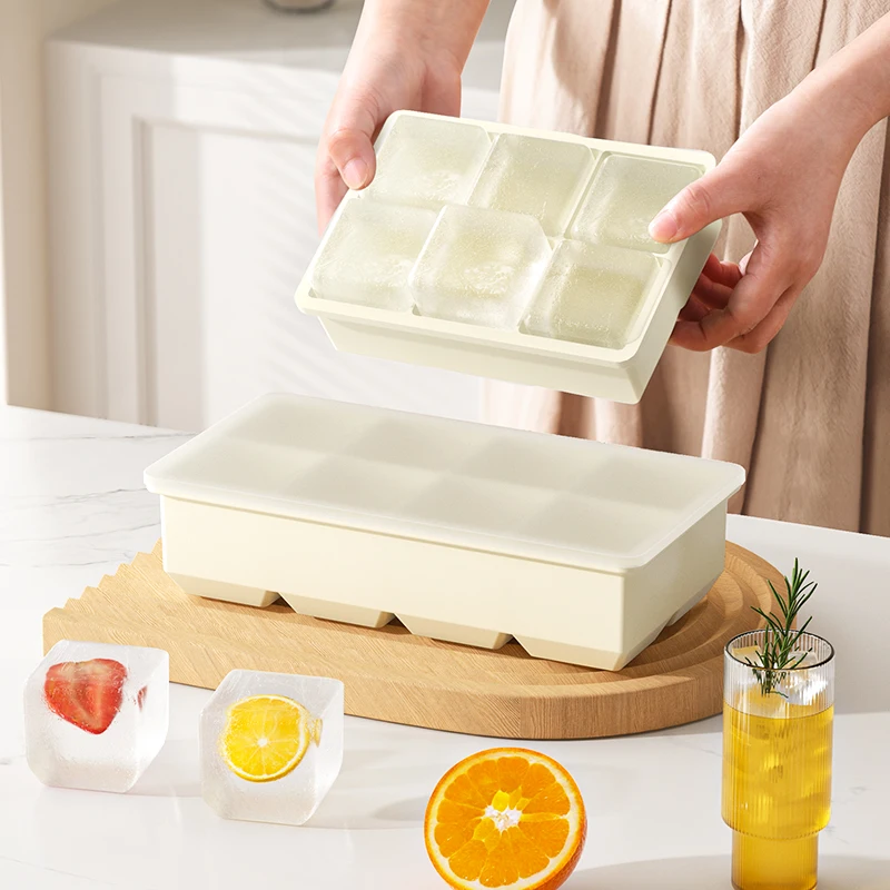 Mold ice grid ice box silicone beige 6 grid with lid large