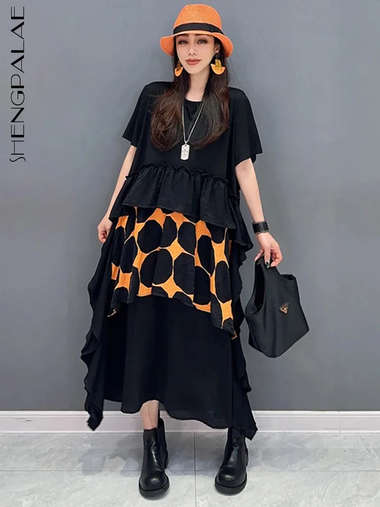 

SHENGPALAE 2024 Spring New Dress For Women Short Sleeved Spliced Polka Dot Irregular Cake Fashion Casual Robe Clothes 5R9581