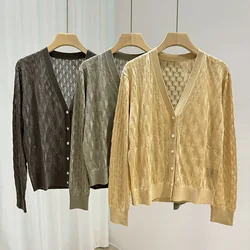 Women's Cardigan 2024 New Spring Autumn Silk Hollow Out V-neck Single Breasted Loose Casual Long Sleeve Sweater