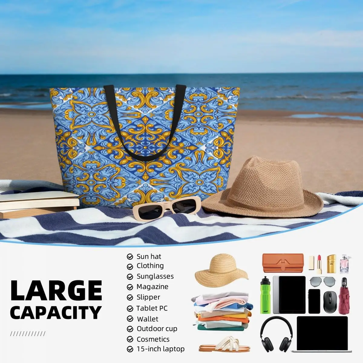 Bolso de viaje de playa de repetición de azulejos portugueses, bolso de mano, bolso de hombro deportivo de Compras de moda, patrón de múltiples estilos