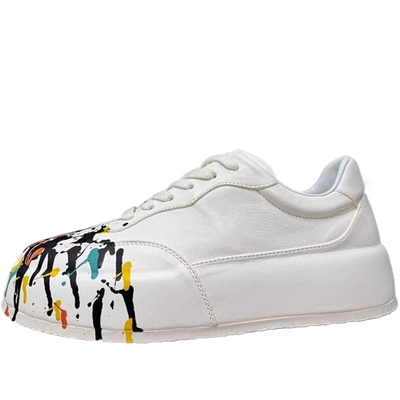 

Genuine Leather Thick Soled Board Shoes for Men's Splashing Ink Graffiti Design White Height Increasing Shoe Casual Sports Shoes