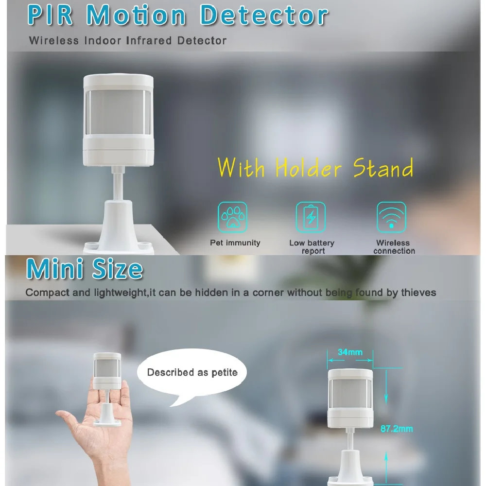 Smartrol Mini Infrared Motion Sensor PIR Alarm Detector With Battery Radio Frequency 433 MHz For Home Security Alarm System