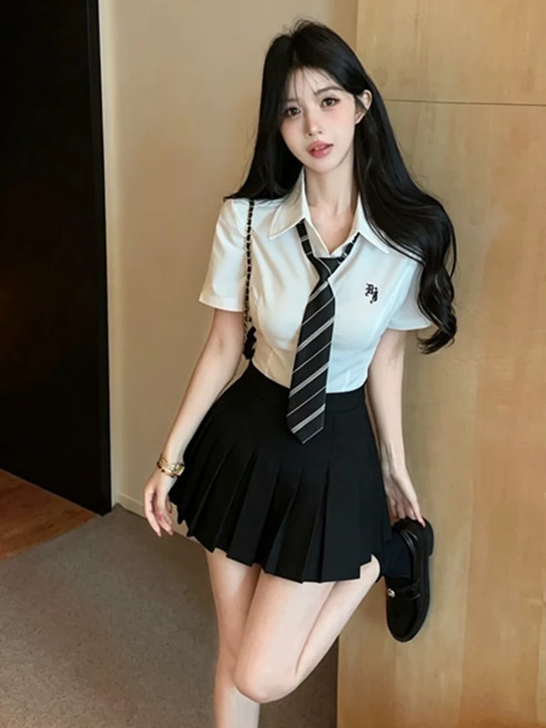 Sweet Spicy College Style Short Sleeve Embroidered Shirt Waist Cinched Skirt Set for Young Women Summer Fashion Outfit