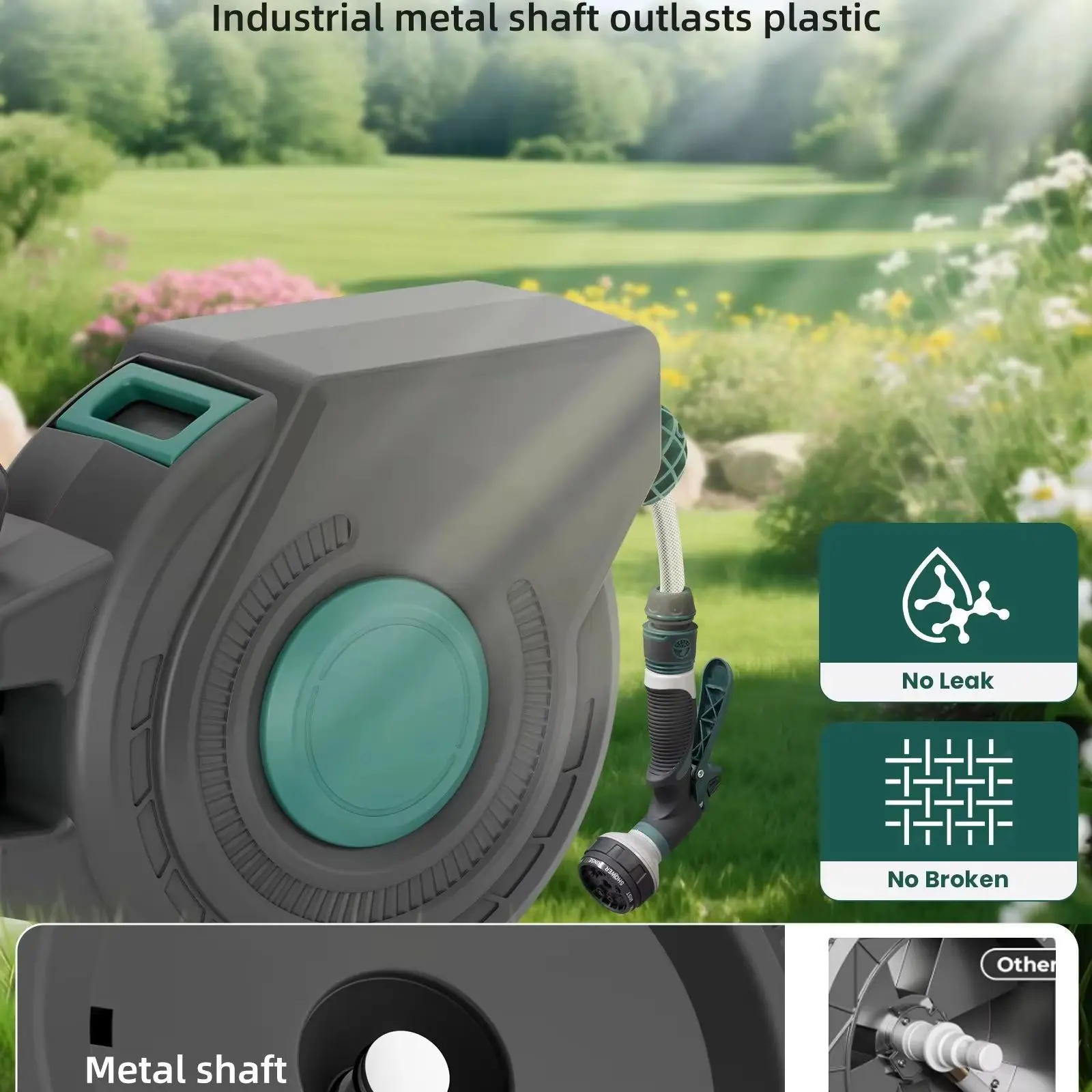 Retractable Garden Hose Reel 1/2 Inch x 130 ft, Super Heavy Duty, Any Length Lock, Slow Return System, Wall Mounted and 180 Deg
