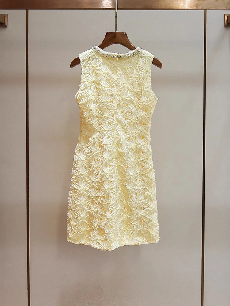 High End Women's Summer New Style French Small Fragrance Heavy Industry Lace Nail Bead Round Neck Vest Dress