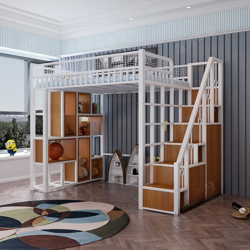Appartamento moderno nordico, loft duplex salvaspazio multifunzionale, letto rialzato superiore e inferiore in ferro battuto con scaletta