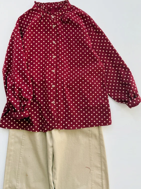 

Красная хлопковая блузка в горошек для женщин, свободного кроя, универсальная, из чистого хлопка, с воротником-стойкой, в корейском стиле, для повседневной носки, винтажная, свободного кроя