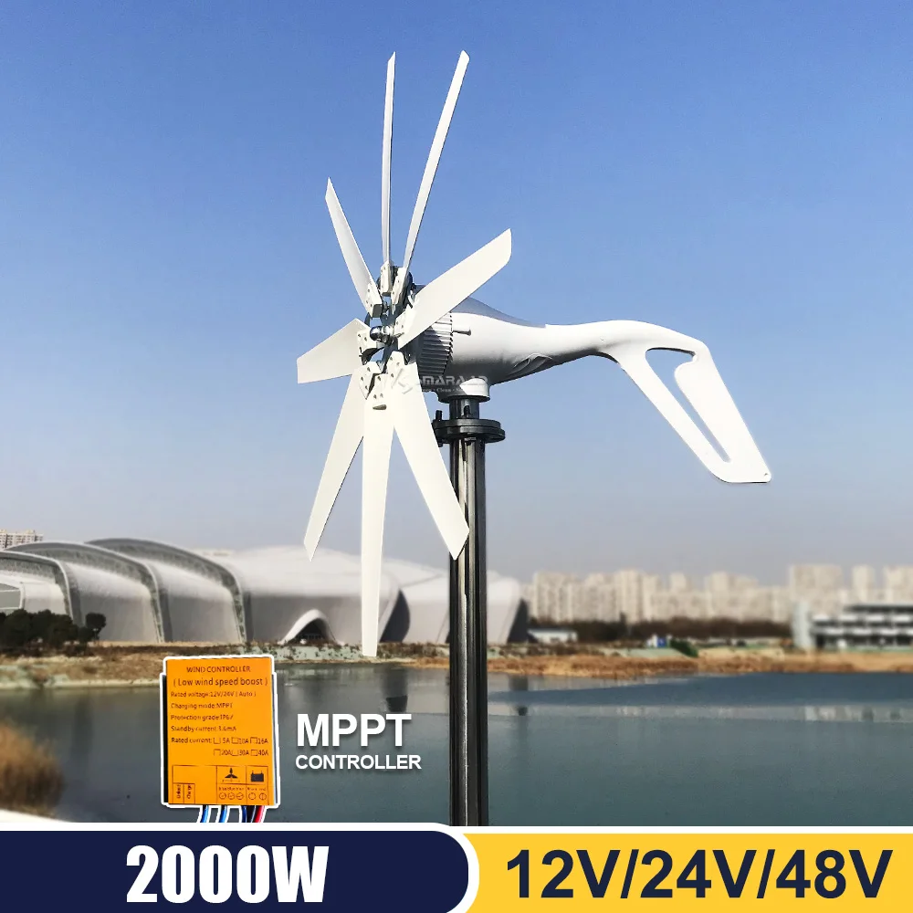 Gerador de Turbina Eólica de Eixo Horizontal Pequeno Alternador de Eficiência Real Moinho de Energia Livre para Homeuse 2kw 12v 24v 48v 2000w