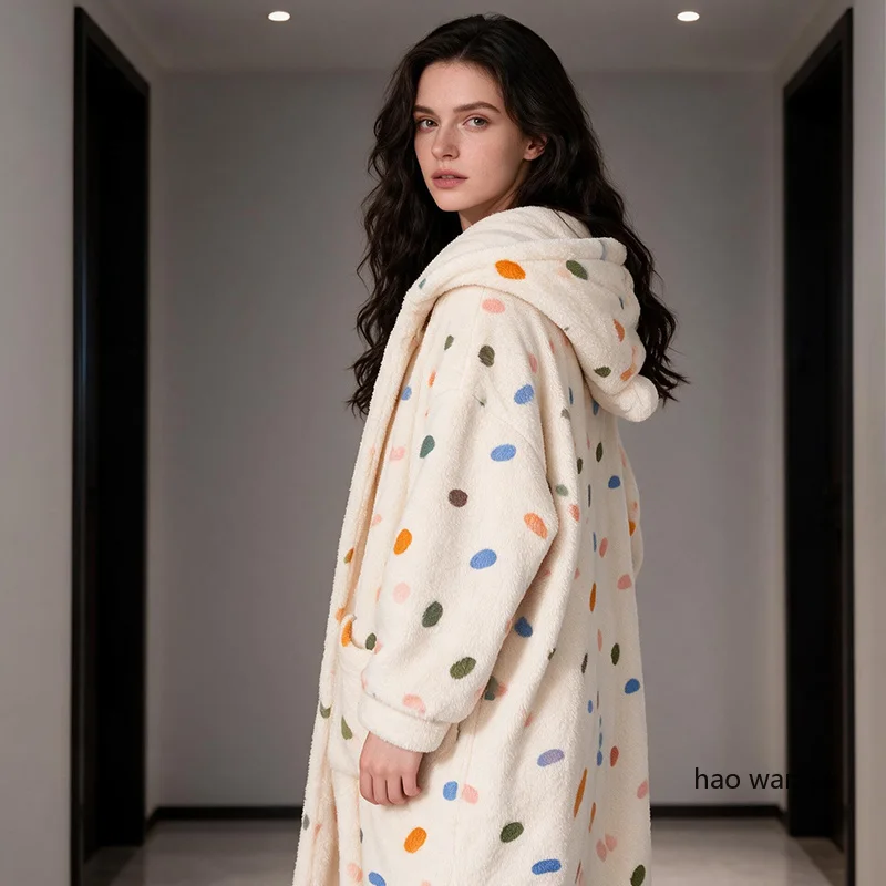 Autumn and Winter Coral Fleece Pajamas Women Thickened and Plush Cute Cartoon Hooded Nightgowns Sweet Home Clothes Bathrobe