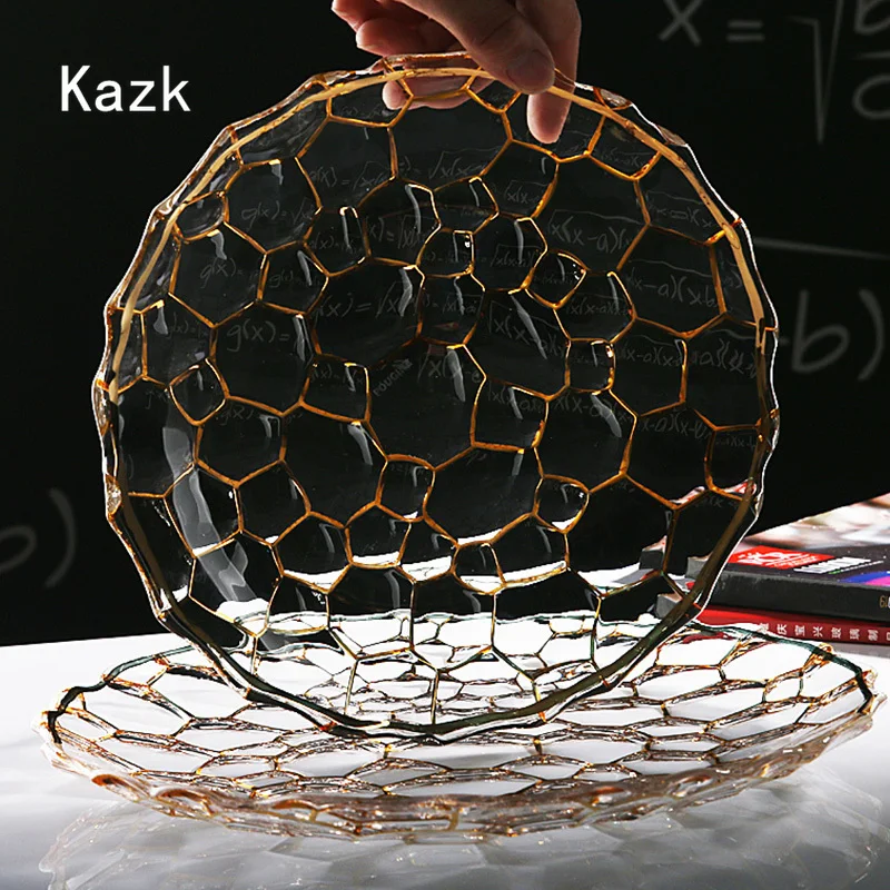 

Light Luxury Golden Crack Glass Plate Living Room Decoration Desktop Dessert Plate Salad Bowl Home Decor Coffee Table Tray