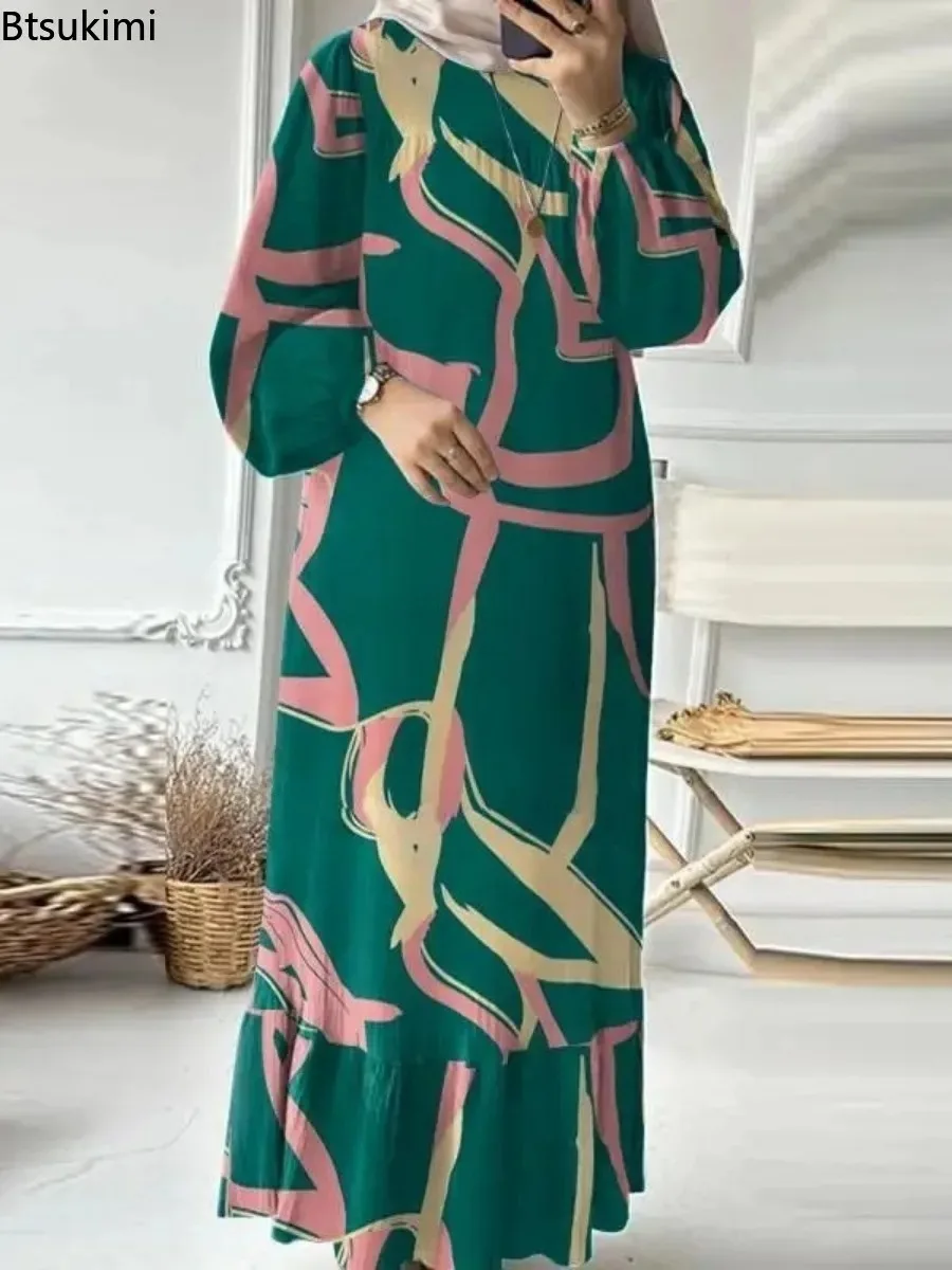 2024 Muslim Long Print Dress for Women Vintage Ruffle Hem Abaya Morocco Party Long Sleeve Dresses Islamic Dubai Arab Robe Female