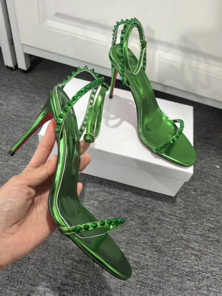 

Green Women Sandals Open Round Toe Thin Super High Heel Rivet Rhinestone Ankle Strap Summer Female Ankle Strap Sexy Chic Shoes