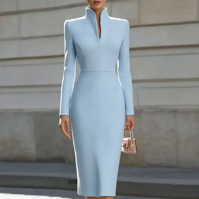 Fashion Long Sleeve Dresses for Women Slim Stand Collar Women Dress Solid Package Hip Dress Women Vestidos De Verano Mujer Q5738
