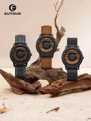 EUTOUR 2025 Nuevo Reloj de Cuarzo Casual de Moda con Esfera Magnética de Madera Original, Reloj Sencillo para Hombre con Correa de Cuero y Acero Inoxidable