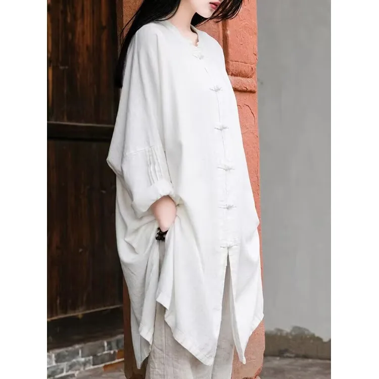 

Artistic Loose Fit Long Sleeve Cotton Linen Tai Chi Top Shirt Dress Vintage Style mid Length Casual Women's Fashion Clothing