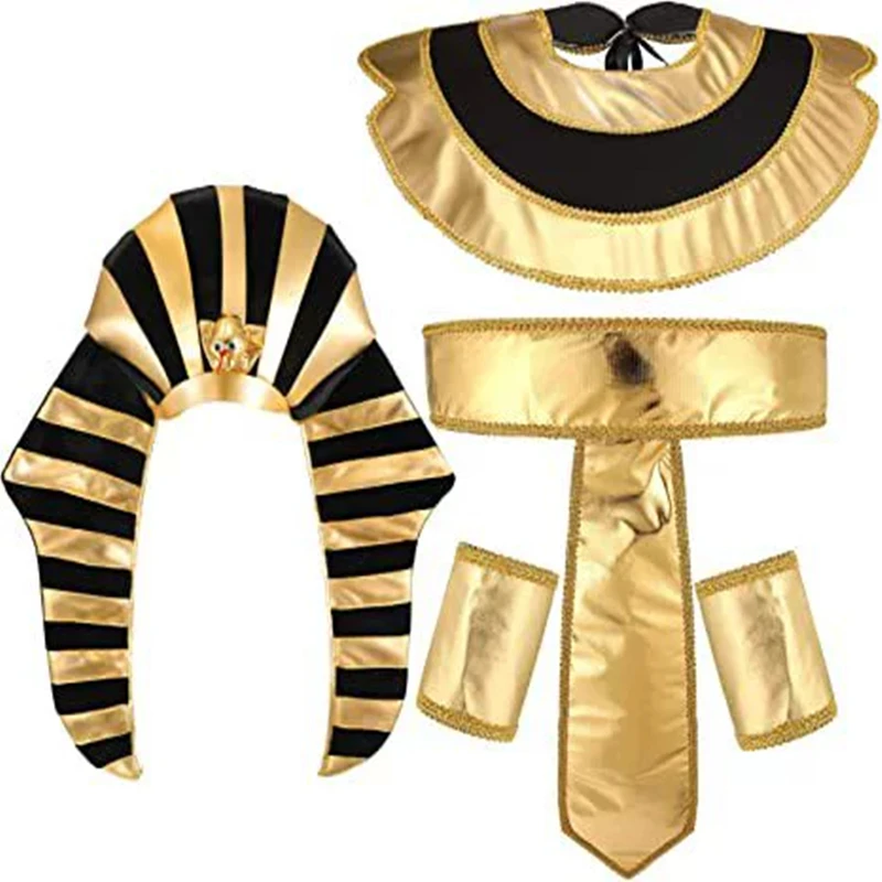 NEW Pharaoh Accessories Egyptian Theme Costume Accessories Set Gold and Black Stripe Headdress Collar, Belt and Cuffs for Adults