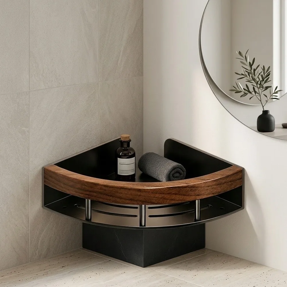 Modern Corner Storage Solution for Bathroom with Black Walnut Wood Shelf and Stainless Steel Frame 33x23.6x8cm