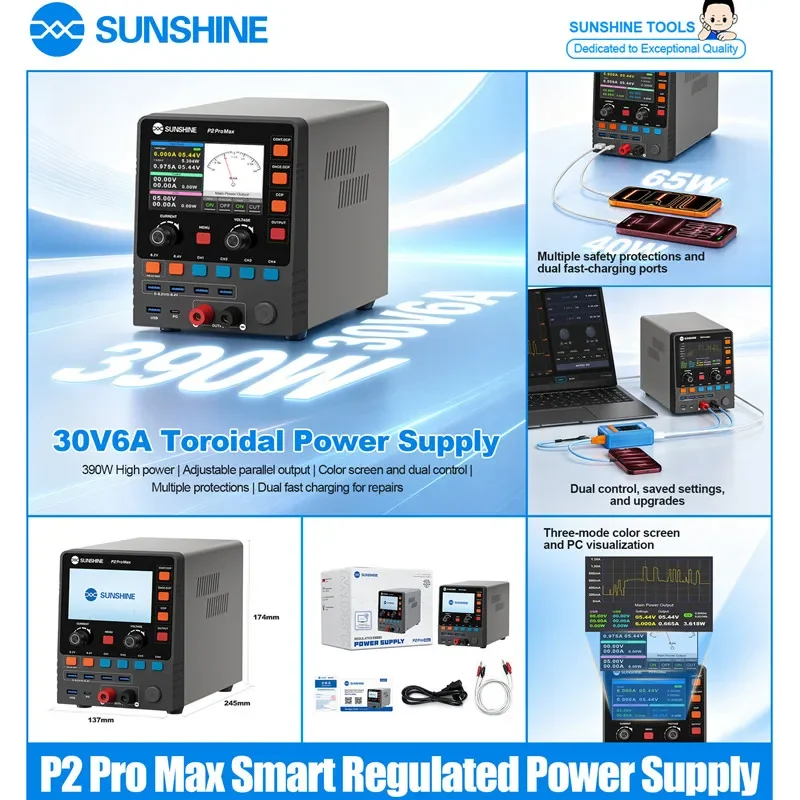 SUNSHINE P2 Pro MAX 180W Intelligent Regulated DC Power Supply Toroidal Transformer 30V/6A Output Mobile Phone Repair Tools