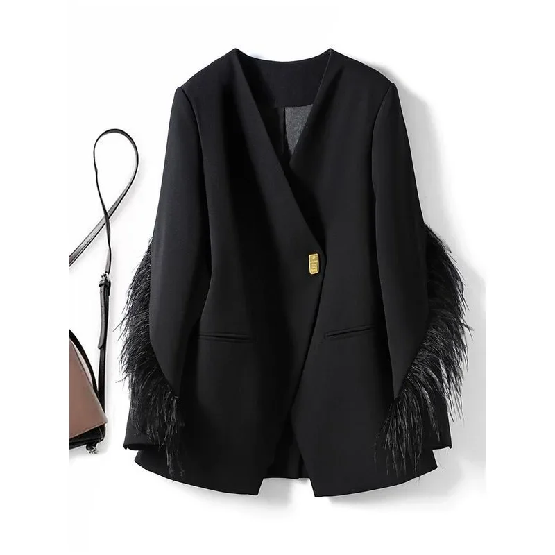 Luxe Lente Herfst Jas Pak Jassen Vrouwen Ontwerp Blazers Enkele Knop Veren Bovenkleding Zwarte Blazer Kantoor Dames Trend Nieuw