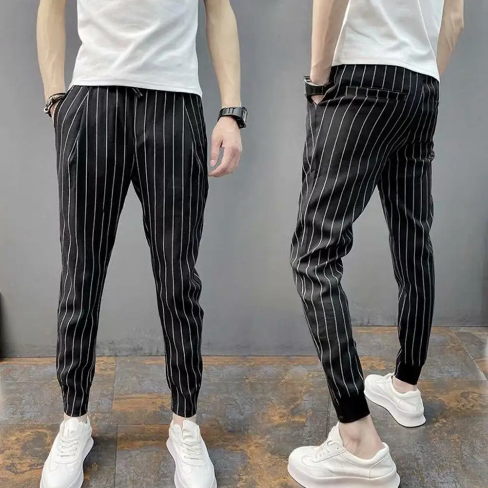 Men Harem Pants Striped Drawstring Elastic Waist Streetwear Spring Autumn Stretch Ankle Tied Pencil Pants for Daily Wear