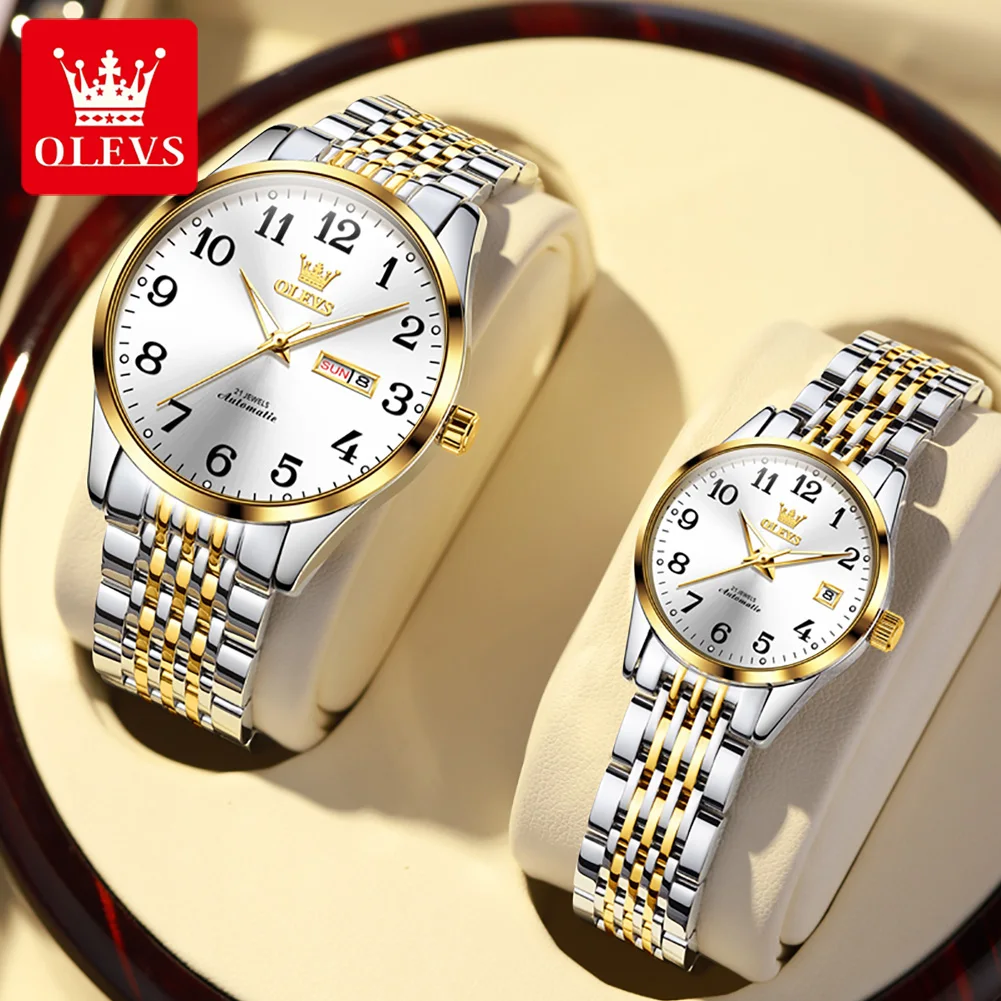 OLEVS-Montre-bracelet mécanique automatique de luxe pour hommes et femmes, montres de couple originales, calendrier à échelle numérique classique, marque supérieure