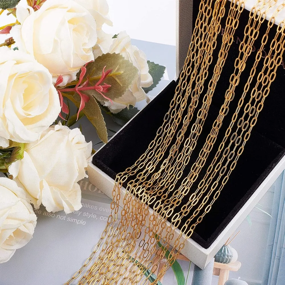 32 pés de ouro clipe de papel correntes link carretel colar em massa comprimento 7.6mm largura 2.6mm para mulheres jóias colar pulseira pingente kit