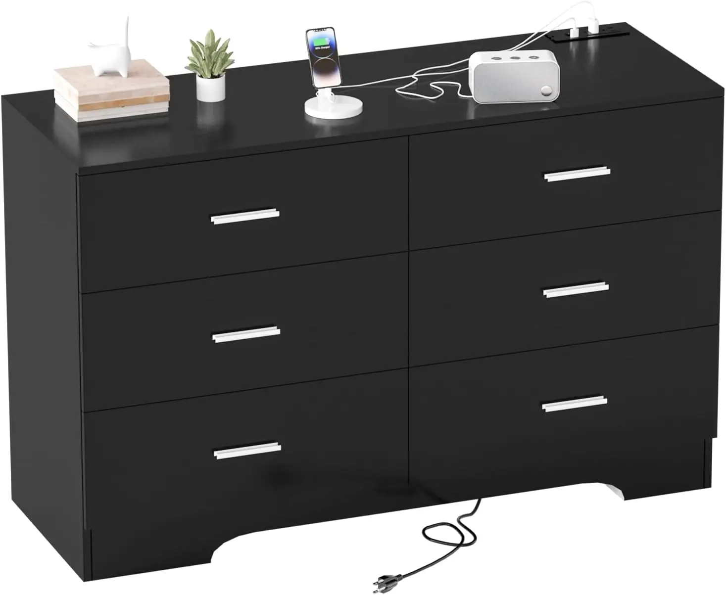 Dresser with Power Outlets Wood 6 Drawer Dresser with Large Organizer Tall Chest of Drawers Closet Modern Dresser for Bedroom Li