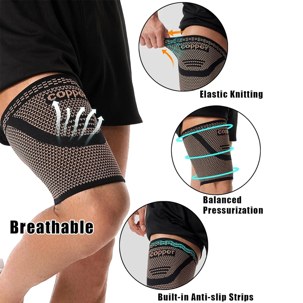 

RGGMQQ 2 шт. Медный компрессионный рукав до бедра — поддерживающий бандаж для сухожилий, боли бегунов, четырехрядных шнура — мужские и женские ноги