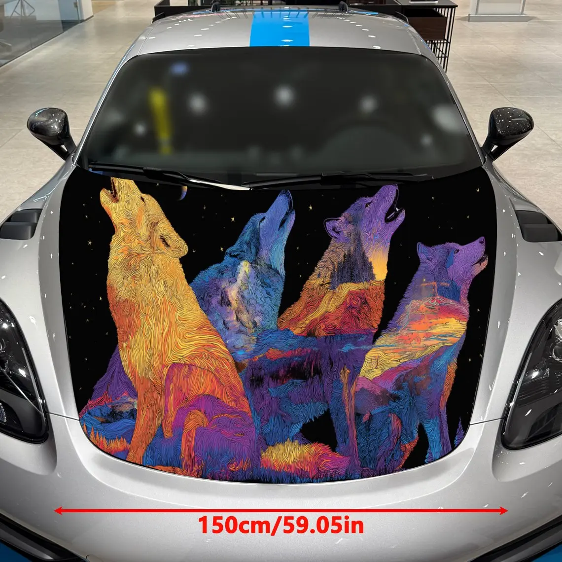 Eye-catching Colorful Wolf Pack and Landscape Car Cover Sticker, Auto Hood Decal, Car Exterior Scratch Resistant Decal, Trendy G