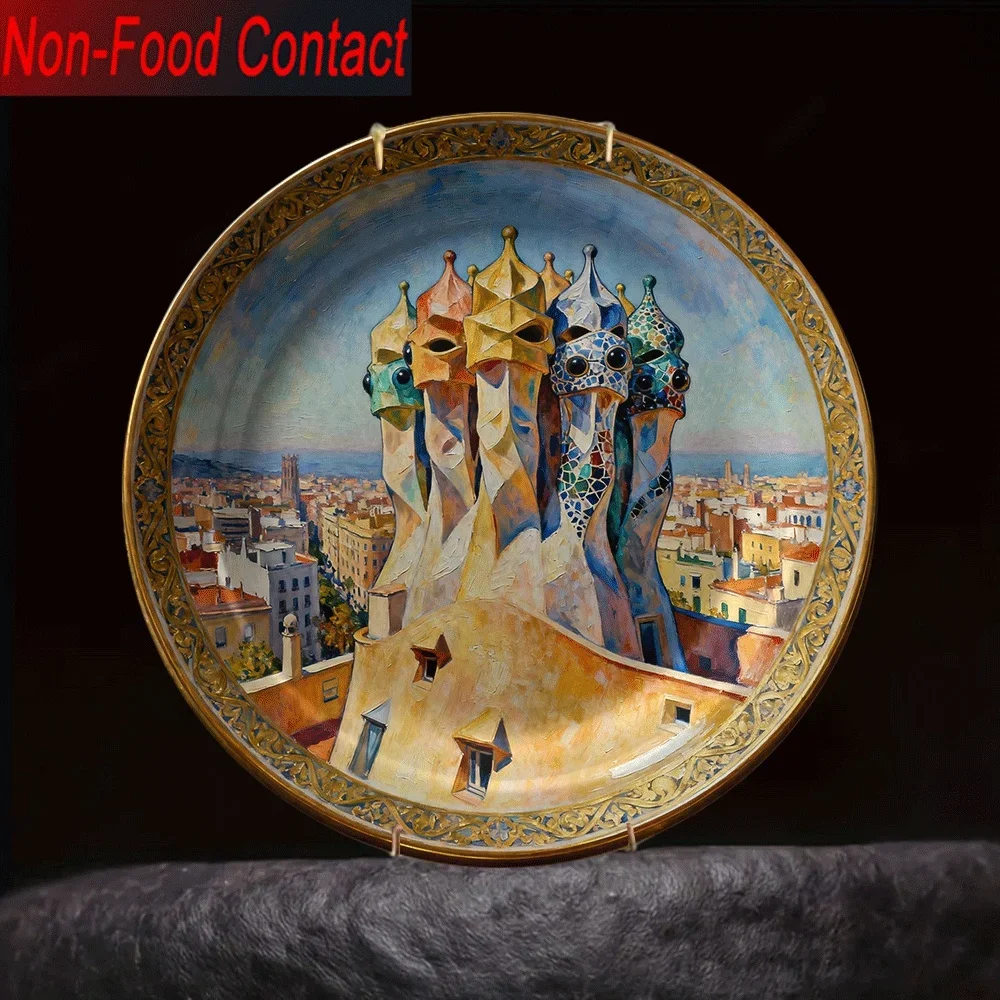 Prato Decorativo Cerâmico 2D de Natal - 1 unidade |   Padrão de Chaminé de Telhado da Casa de Gaudi Mira, Decoração Não Alimentícia para Contato com Alimentos