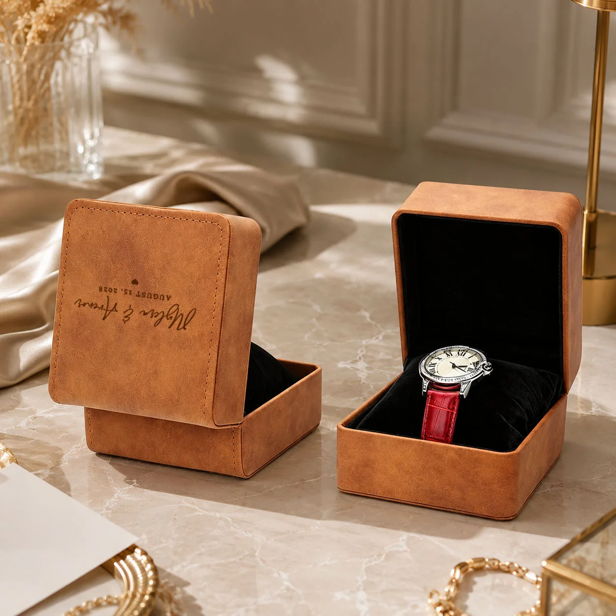 Personalized Engraved PU Leather Watch Box,Custom Name SingleWatch Display Case with Soft Cushion,Organizer Holder for Men&Women