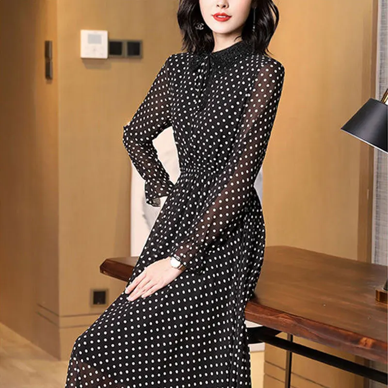 Spring Autumn Peter Pan Collar Beading Dresses Elegant A-Line Waist Women\'s Clothing Drawstring Commute Polka Dot Midi Dress New