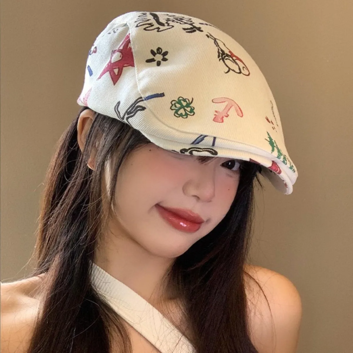 

Adjustable Graffiti Print Beret Korean Style Painter Cap for Big Head Circumference with Face Slimming Effect