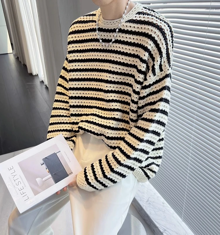 

Autumnal Retro Hollow out Color Blo Stripe Knitwear Men's Design Sensible Korean Lazy Sle Internet Celebri High End Bas...