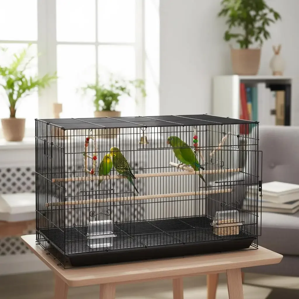 

Переносная клетка-вольер 30 дюймов для гостиной, балкона, патио, с выдвижной подставкой, съемным поддоном, полкой для хранения, металлическим каркасом