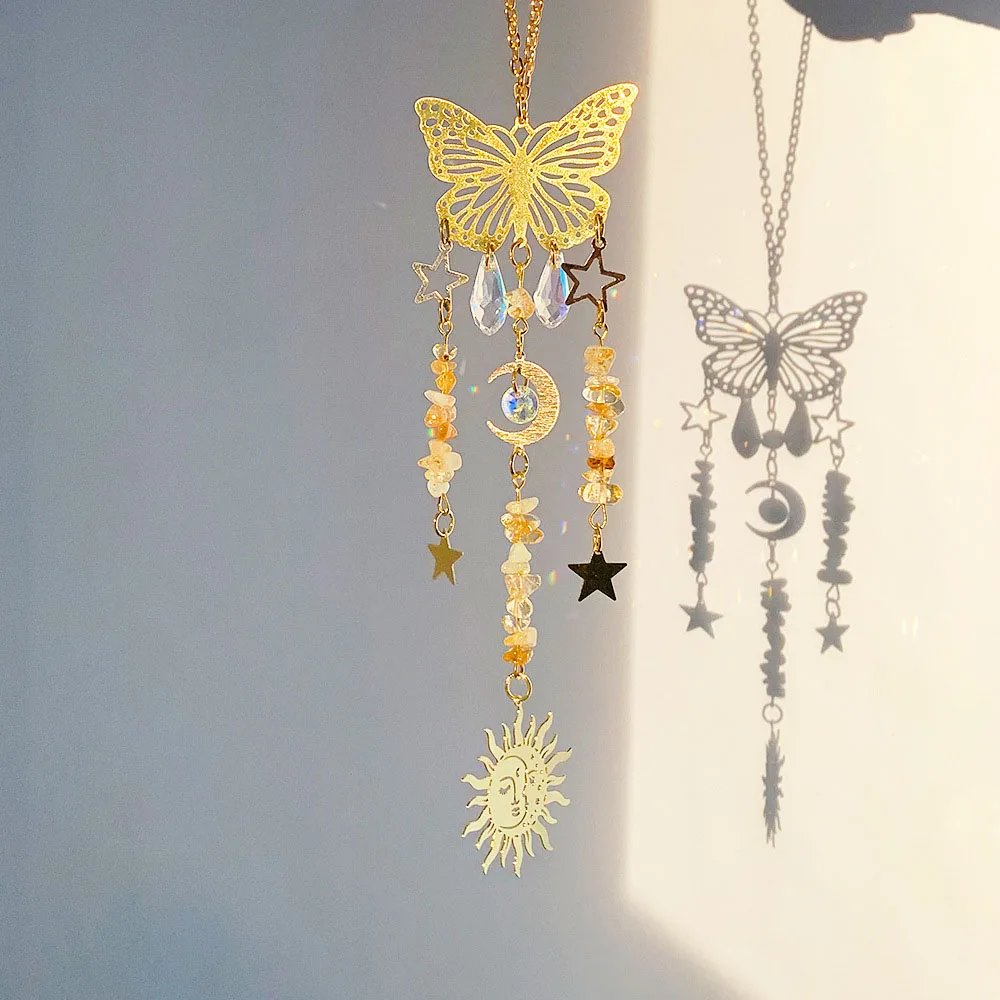 Custom Citrine Chip Stone Butterfly Sun Catcher - Glass Pendants Hanging Ornament for Window Decor