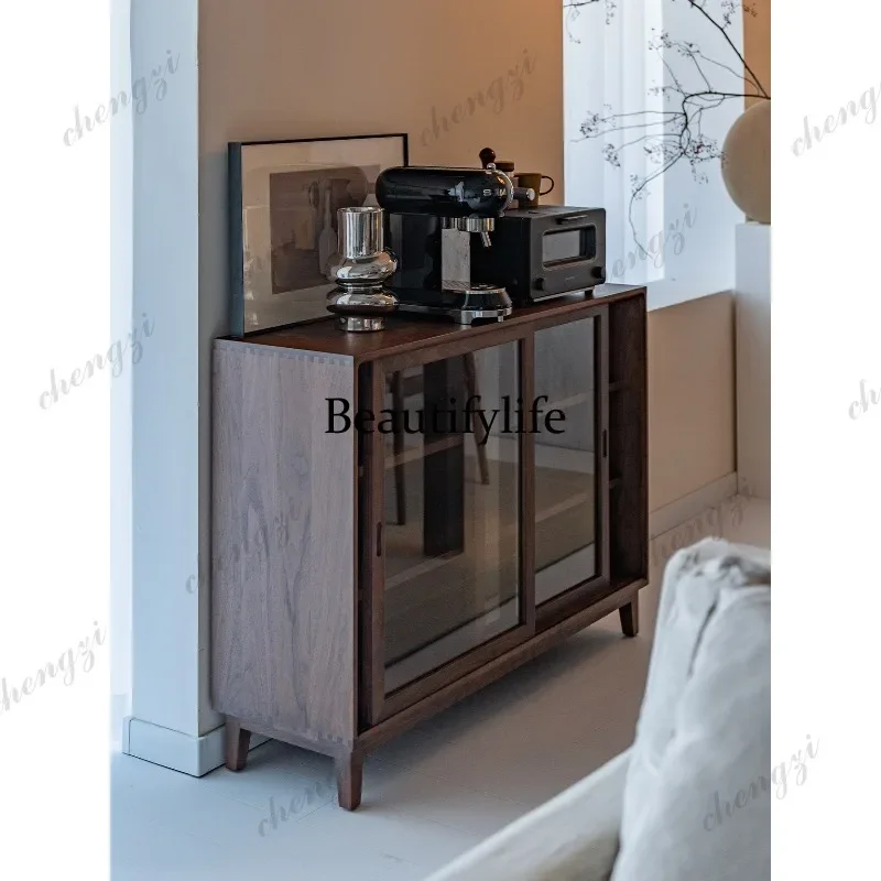 B178  Straight edge short cabinet dining side cabinet living room large capacity storage display cabinet pure wood black