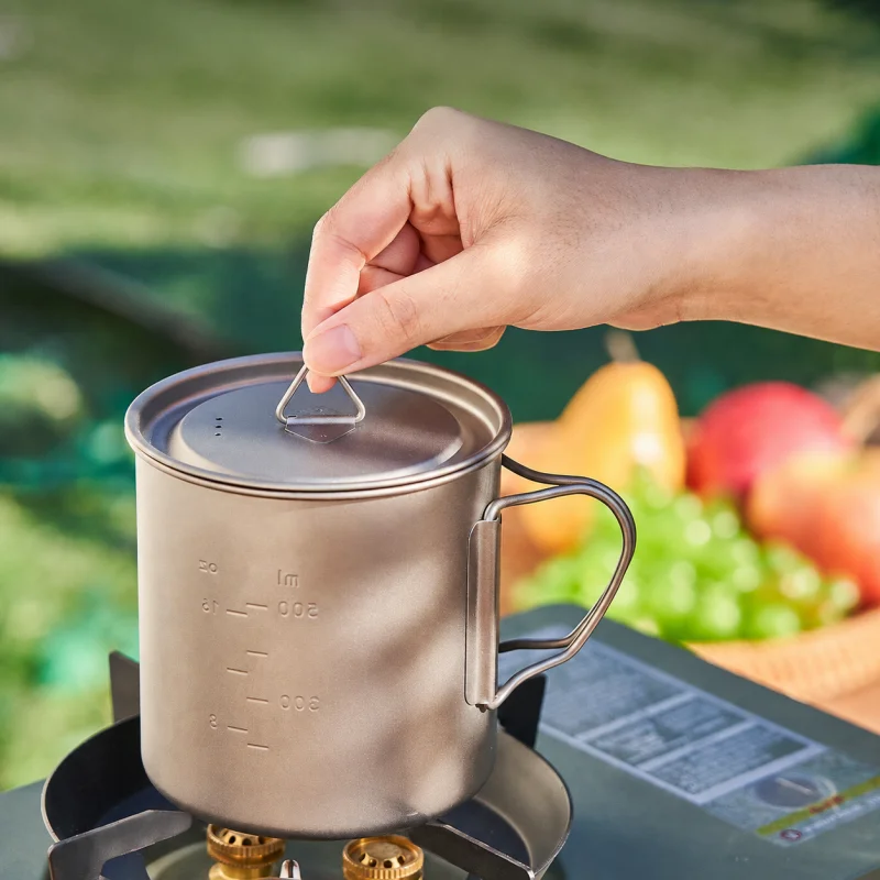 Titanium Camping Cookware Set, 450ml Mug and 750ml Pot with Foldable Handles for Coffee, Soup and Meals, Hiking and Backpacking