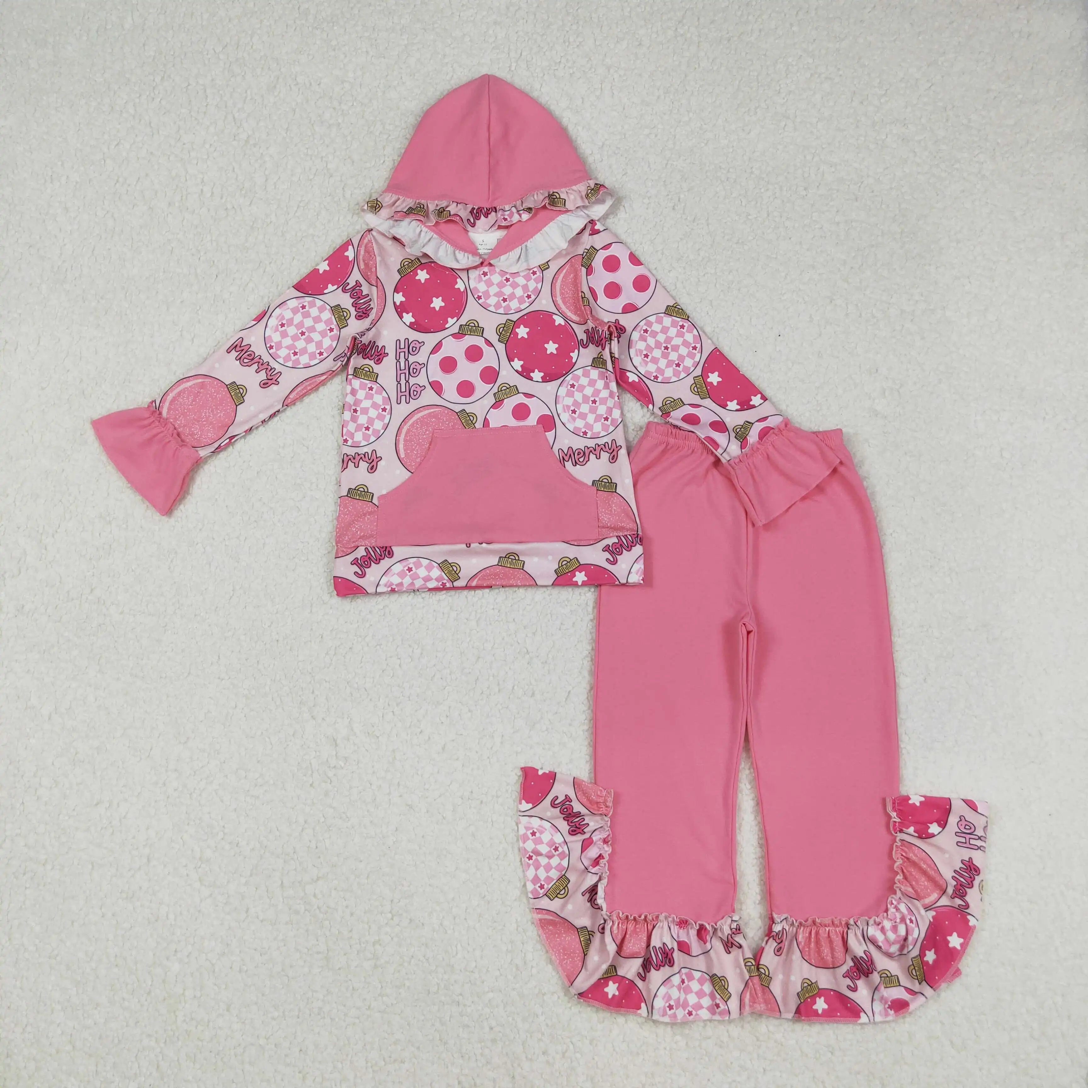 

9.6y Winter Baby Girl Clothing Hooded Long-Sleeved Trousers Suit Wholesale Christmas Light Ball Lace Pocket Pink