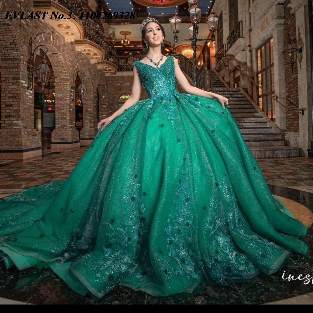 EVLAST Personalizzato Principessa Verde Scuro Abito Quinceanera Abito di Sfera Applique Floreale Che Borda Dolce 16 Vestido De 15 Anos E3Q291